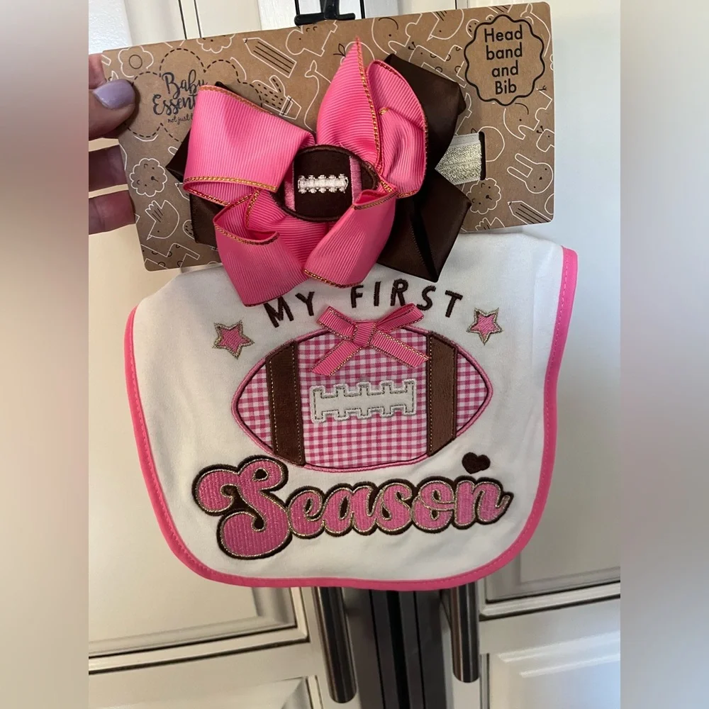 My First Football Season Pink and Brown Baby Bib and Bow Set